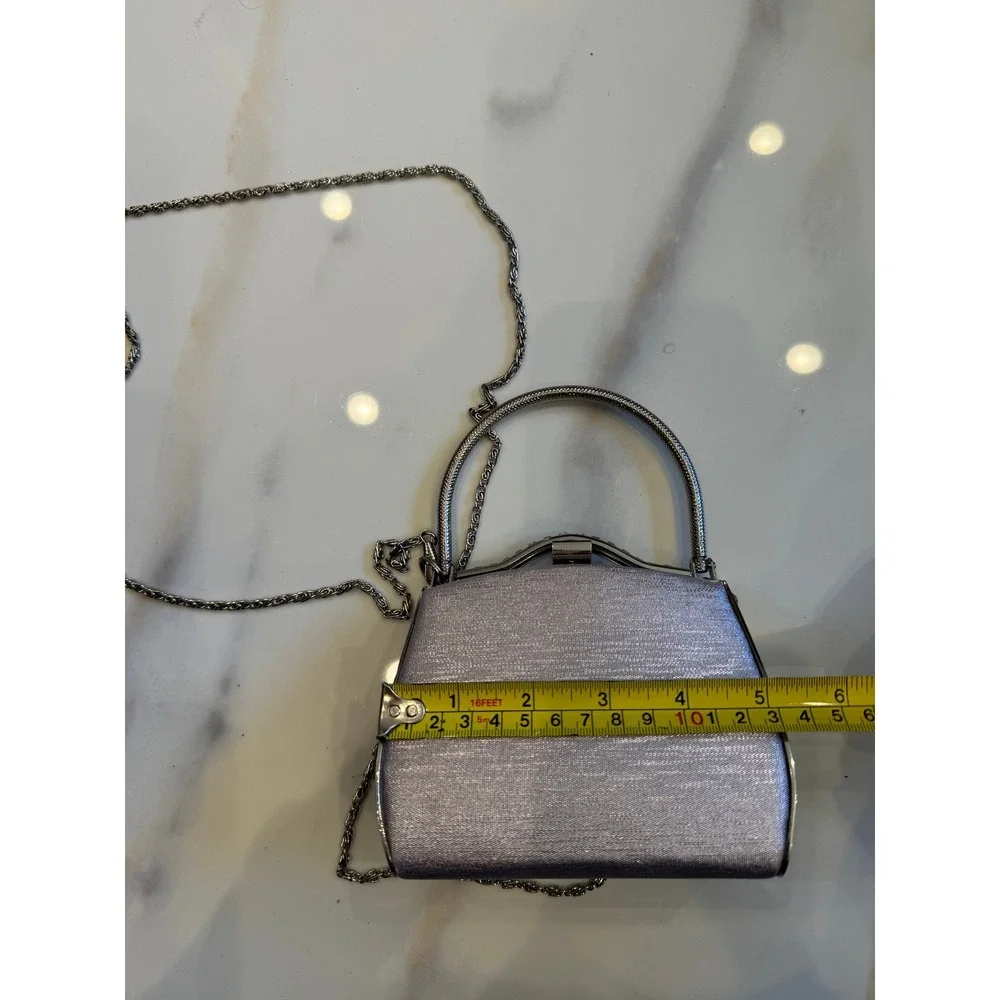 Lavender Satin Rhinestone Evening Bag Mini Handbag‎ Crossbody Silver Chain